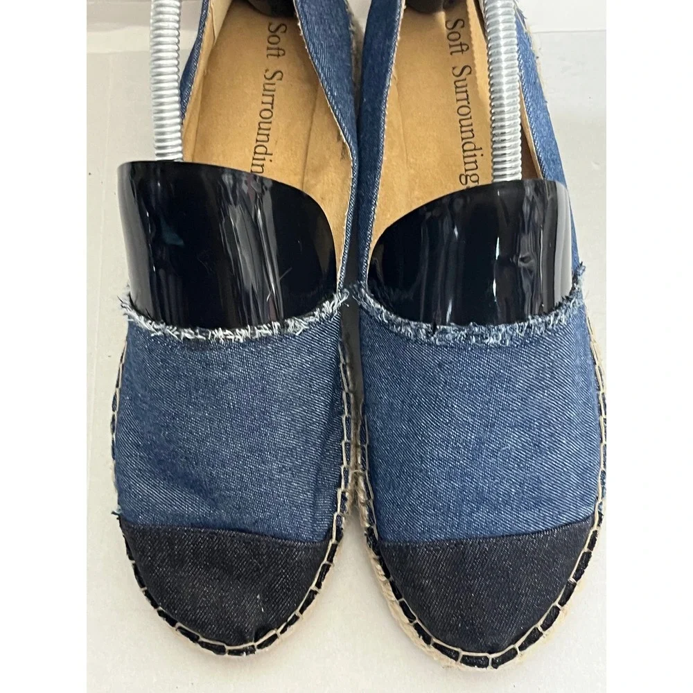 Soft Surroundings Denim Espadrille Flats Blue Cap Toe Jute Platform Slip On